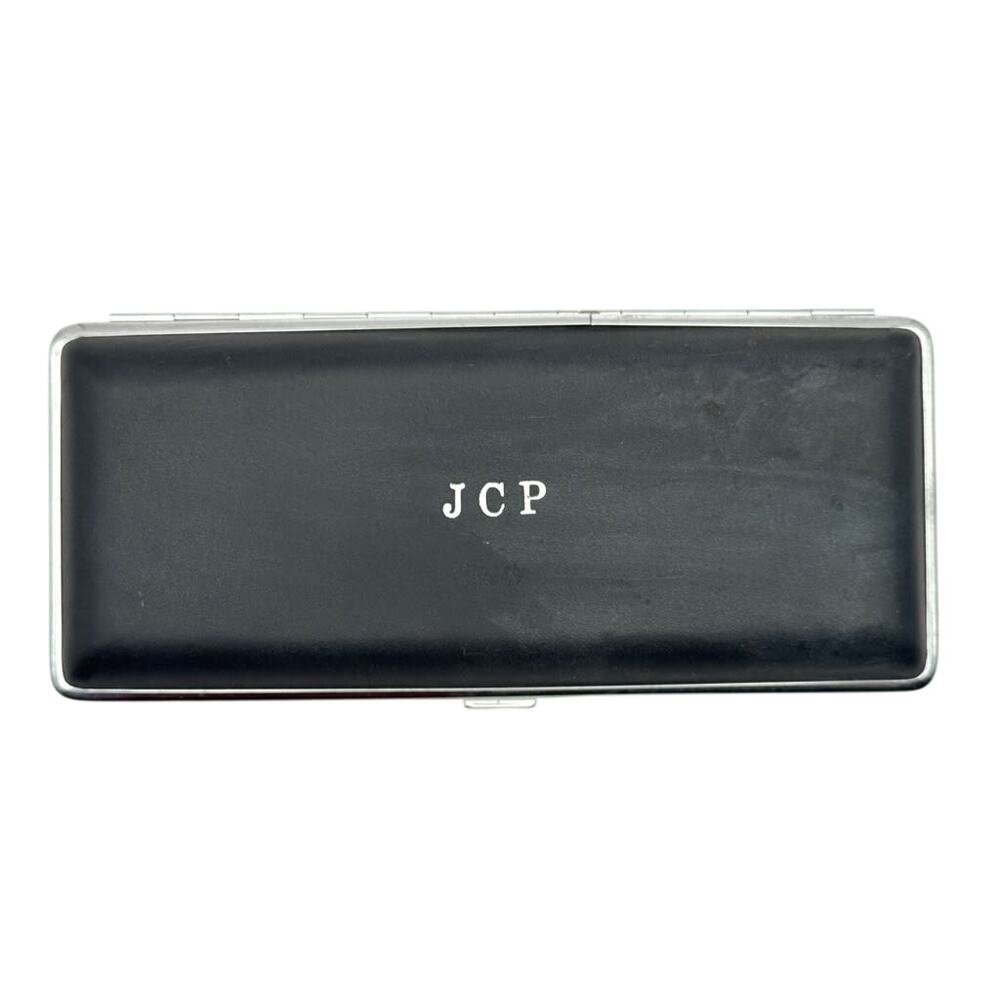 Vintage JCP Monogram Long Cigarette Case Black Textured Silver Tone Metal